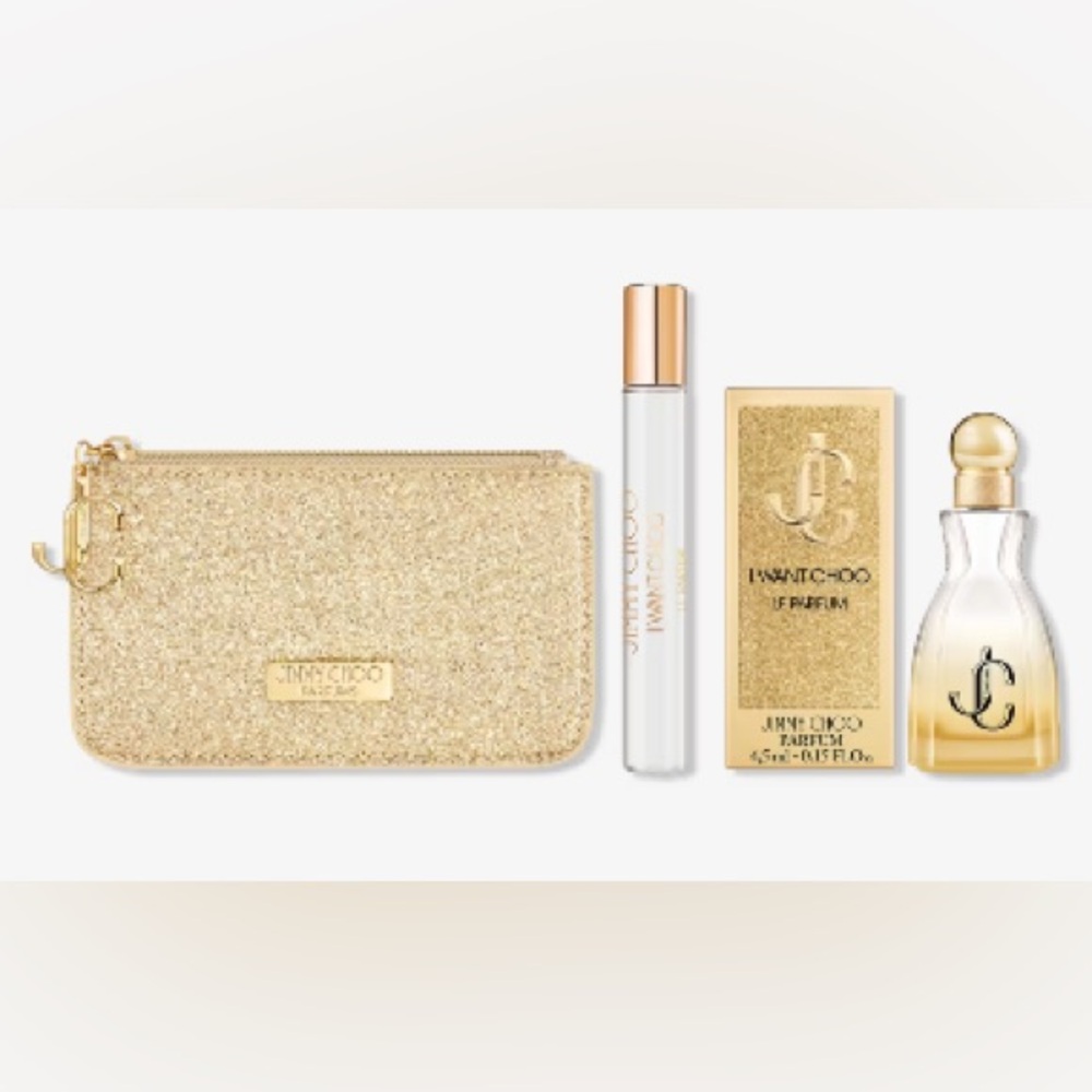 Jimmy Choo Gold Perfume Set - travel sized Parfum and gold glitter pouch NEW
